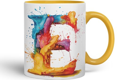 Vixar Letter E Mug, Alphabet Letter E Monogram Watercolour Ceramic Coloured Mug Cup for Tea Coffee Hot Brew 330ml 11Oz Gift (G Yellow)