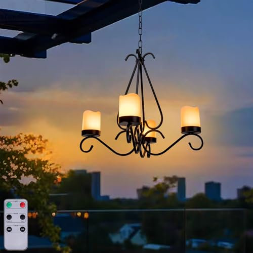 TWINKVILLA Battery Operated Chandelier, Outdoor Chandelier with 4pcs Battery Operated Led Candles, Hanging Candle Chandelier Lights Outdoor for Gazebo, Pergola, Patio, Canopy, Porch, Tent Decor