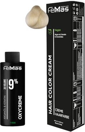 Femmas Set de tinte de pelo rubio platino dorado 11.3 I Hair Color Cream 100 ml + crema de óxido 100 ml 9% I coloración permanente del cabello + desarrollador I Suave y duradero I Tinte de pelo de