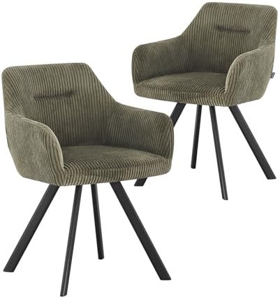 B&D home® Esszimmerstühle Cyrus 2er-Set – Polsterstuhl mit Armlehnen, Cordstoff Grün, stabiles Metallgestell schwarz, moderner Industrial-Look für Küche, Esszimmer & Wohnzimmer