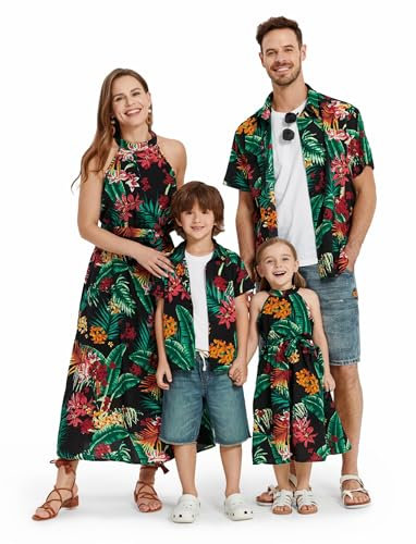 PATPAT Familien Outfit Set-Hawaii Neckholder- Partnerlook Mutter Tochter Kleid Kurzarm T-Shirt & Kind Kleider Mama Tochter Kleidung für Sommer & Herbst & Frühling/Mädchen 6-7 Jahre