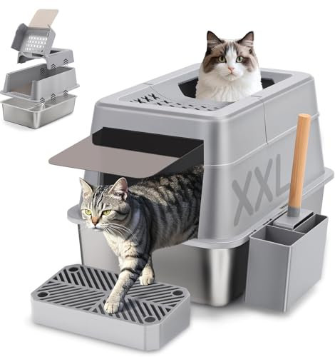 Lettiera per gatti in acciaio inox, 110° flip-cover design lettiera in acciaio per gatti, 61*42*39 cm XXL lettiera chiusa acciaio inox con coperchio, 38L grande capacità, prova perdite e facile pulire