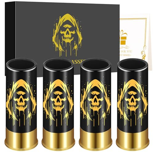 Teschio con cappello in plastica, 4 pezzi, con scatola regalo, per uomini e donne, fan gotici, matrimoni, feste, compleanni, Halloween, 12 GA, piccoli bicchieri da liquore, plastica, 45 ml, nero