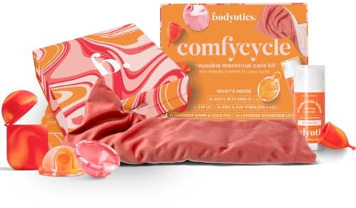 Comfycycle: Pacchetto completo per la cura del ciclo mestruale - Dischetti mestruali, coppette, astuccio sterilizzatore, cuscinetto riscaldante per microonde e burro per il corpo al magnesio