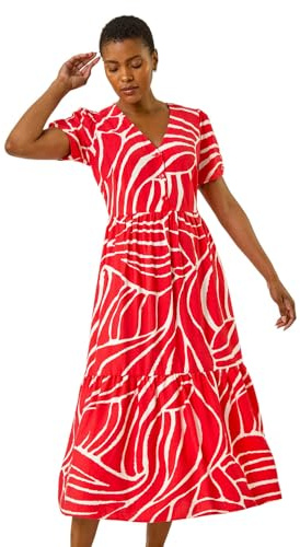Roman Originals Linear Border Shirt Dress for Women UK - Ladies Everyday Holiday Spring Summer V-Neckline Comfy Soft Evening Vacation Work Party - Red - Size 20