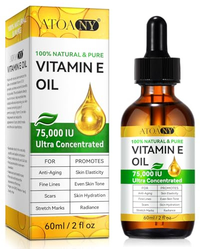Vitamin E oil for Skin, Scars, Face, Nails, Hair, Scalp Moisturiser 75,000 IU 100% Natural Pure Cold Pressed Vitamin E Oil for Dryness Wrinkles, Scars & Stretch Marks Repairs Body Massage Oil 2 Fl Oz