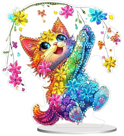 CAYUDEN Diamond Painting Tischdeko, DIY Kawaii Happy Katze Kristall 5D Edelsteine Painting Stehend Kunst Set, Bunte Desktop Diamant Kreativ Set Dekor, Geschenke für Erwachsene, Aesthetic Room Decor