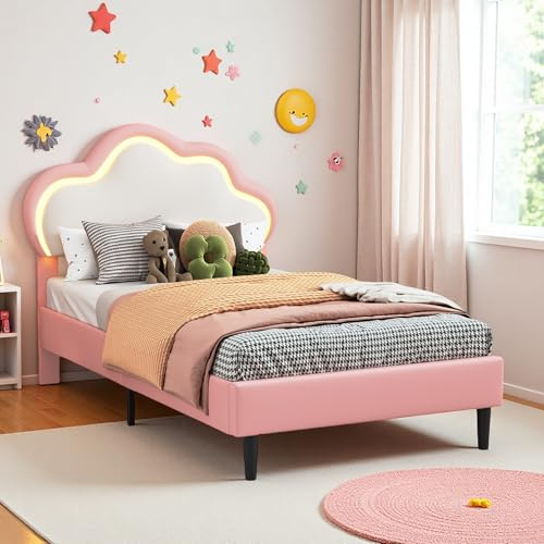 JiaOyu Einzelbett 90x200 cm, Mädchen Bett mit LED, Kinderbett Prinzessinnenbett für Kinder, Polsterbett Jugendbett mit Wolken-Design und verstellbarem Kopfteil für Kinderzimmer, ohne Matratze
