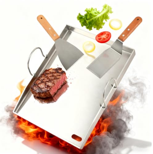POUMUE 30×4×40cm Plancha Plaque de Cuisson avec 2 Spatules, Plaque de Cuisson en Acier Inoxydable avec Poignée Amovible, Plaque Plancha pour Barbecue Gaz pour Barbecue à Gaz et Barbecue à Charbon