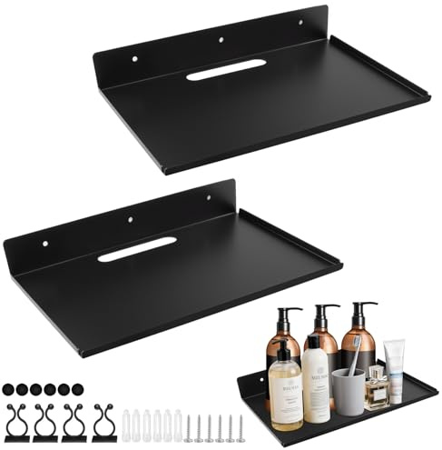ComPDCVD Wandregal Schwarz 2 Stück Wandregal 30 x 20 cm Wandregals Metall | Ohne Bohren Schwebendes Bücherregal Regal Wand mit Kabelloch und Kabelclips für Wohnzimmer Küche Badezimmer Schlafzimmer