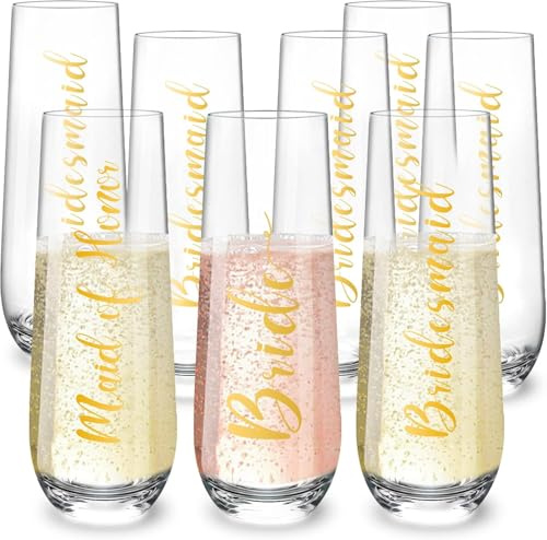 HNSHAG Bridesmaids Champagne Flutes Set of 8-9.3oz Champagne Glasses for Bride Bridesmaids Maid of Honor - Mimosa Cocktail Glasses - Proposal Gifts for Bridal Shower Bachelorette Party Wedding