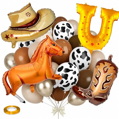 Ovanda 22 Stück Western Party Ballons Set, Cowboy Party Deko | Pferde Luftballon, Cowboystiefel Ballon,Cowboyhut Ballon, Kuhmuster Ballons,Rodeo Partys Deko für Kindergeburtstag Geburtstag