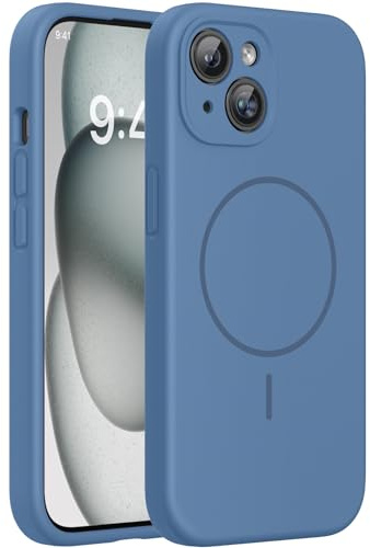 Miracase für iPhone 15 Hülle mit MagSafe, Flüssigsilikon-Hülle | [weiches, kratzfestes Mikrofaser-Innenfutter] Stoßfester Handyhülle für iPhone 15, Glas Blau