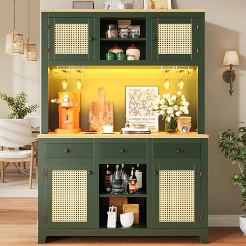 DHHU Buffet de Cuisine avec éclairage LED, Meuble de Rangement avec étagères réglables et 4 Porte, 3Tiroirs, Buffet Haut pour Cuisine, Salon et Salles à Manger, 120x40x180cm (Vert-20D)