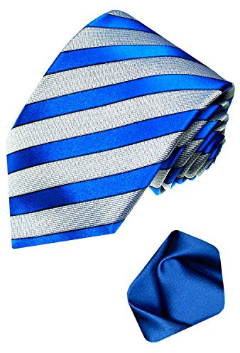 Lorenzo Cana - Business Set aus 100% Seide : Krawatte mit Einstecktuch - blau hellgrau gestreift mit Satin Tuch - 8422201