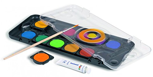 Deckfarbkasten, 12 Farben, inkl. Pinsel mit entnehmbaren Schälchen - Wasserfarben / Wassermalfarben / Tuschkasten zum Malen, Basteln und Spielen für Kinder