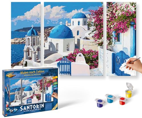 Schipper 609260783 Malen nach Zahlen - Santorin - Bilder malen für Erwachsene, inklusive Pinsel und Acrylfarben, Triptychon, 50 x 80 cm