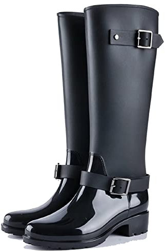 tqgold Gummistiefel Damen Langschaft Festival Hoch Regenstiefel mit Reißverschluss Absatz Leicht Modern Eva Wellington(Schwarz,Größe36)