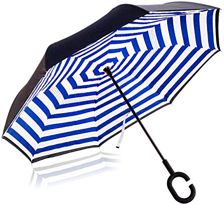 NNY Inc Doppelschichtiger umgekehrter Regenschirm mit Auto-Rückwärtsklappen, winddichter UV-Schutz, gerader Regenschirm für Damen und Herren, C-förmig. L Navy stripes