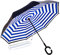 NNY Inc Doppelschichtiger umgekehrter Regenschirm mit Auto-Rückwärtsklappen, winddichter UV-Schutz, gerader Regenschirm für Damen und Herren, C-förmig. L Navy stripes