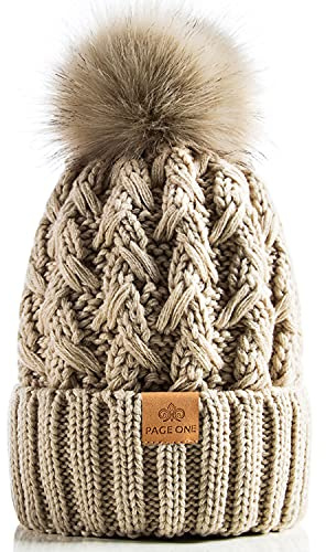 PAGE ONE Womens Winter Ribbed Beanie Crossed Cap Chunky Cable Knit Pompom Soft Warm Hat Oatmeal