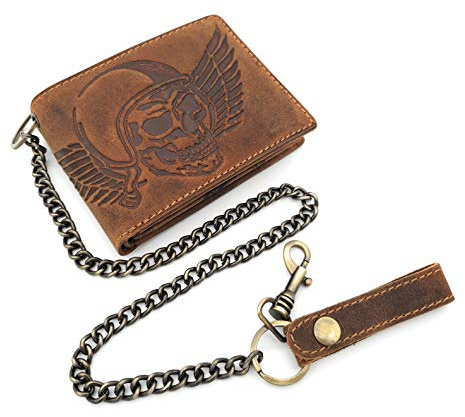 Jockey Club echt Leder Biker Geldbörse quer Hunterleder Portemonnaie Totenkopf Schädel Wing of Hell mit 50cm Kette & RFID Schutz