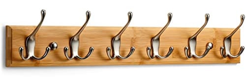 LARHN Garderobenhaken Holz - Garderobenleiste Holz mit 6 Haken in Nickel Matt - 59 cm - Kleiderhaken Wand - Wandgarderobe für Flure, Garderoben, Schlafzimmer und Badezimmer
