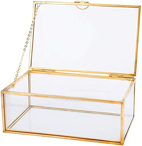Homtone Caja Cristal Dorada, Joyero Vintage, Cajas de Joyas de Cristal con Tapa, Organizador Dorado para Vestidor de Dormitorio, Decoraciones para Bodas, Fiestas de cumpleaños, Rectángulo, 14,5 cm