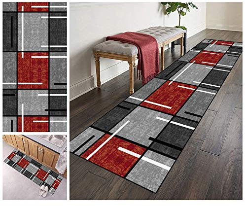 ZVEZVI Teppich Läufer Flur Korridor Küche Grau und Rot 80x300cm rutschfest Waschbar Bunter Vintage Kücheläufer Teppichläufer Polyester Meterware Anpassbar (Color : Color#1)
