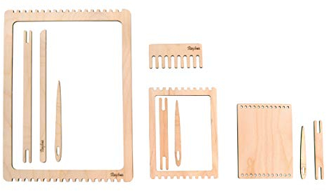 Rayher set di telai in legno naturale, a forma rettangolare, 11 pezzi, 3 telai diversi con navette, aghi, pettine, per lavori creativi di tessitura, 63125505