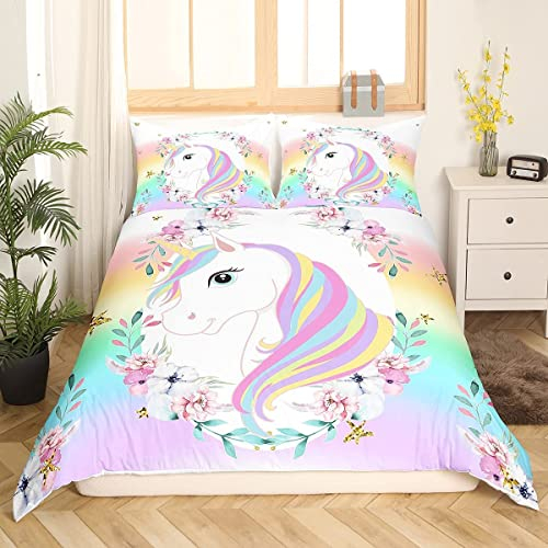 Fantasy Einhorn Mädchen Bettwäsche 135x200cm Bunt Blume Dekor Pferd Bettbezug Set Einhorn Tier Betten Set Kinder Jugendliche Frauen Süß Regenfarbe Einhorn Bettwäsche mit 1 Kissenbezug 80x80cm