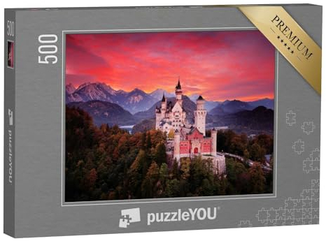 puzzleYOU: Puzzle 500 Teile „Märchenschloss Neuschwanstein im blutroten Sonnenuntergang“ – aus der Puzzle-Kollektion Schloss Neuschwanstein