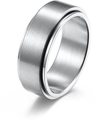 HIJONES Herren Edelstahl Angst Spinner Ring 8mm Ehering Matt Gebürstet Silber Größe 62