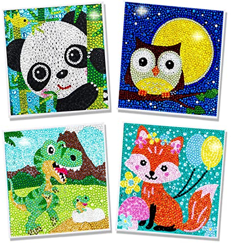LANMANUO Diamond Painting Kinder 4 Stück, DIY 5D Diamond Painting Bilder Kinder Mädchen Junge Full Drill Set Diamond Dotz Zubehor Anime Diamant Painting Tiere 4er Set 15x15cm