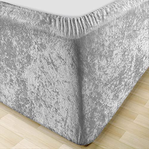 MK Home Textile Crushed Velvet Divan Bed Base Wrap - Silver Grey Deep Fitted Valance Sheet Frame Cover Fully Elasticated Skirt Easy To Fit – Single Double King Super King Size (Silver Grey, SuperKing)