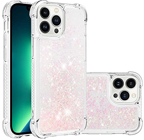 IMIRST Silicone Phone Case for Apple iPhone 13 Pro Max, Corner Airbag Fall Protection Bling Glitter Quicksand Liquid Sparkle TPU Case Cover for Apple iPhone 13 Pro Max. YBW Star Pink