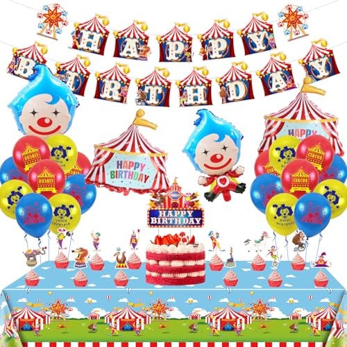 Karneval Party Dekorationen, Enthält Zirkus Happy Birthday Banner, Zirkus Ballons, Tischdecke, Cupcake Topper, Zirkus Karneval Party Supplies für Kinder Jungen Mädchen Karneval Thema Geburtstag Party