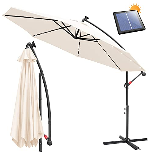 Ansobea Sonnenschirm 350cm Ampelschirm LED Solar mit Kurbel, Alu Marktschirm mit An-/Ausschalter Gartenschirm UV-Schutz und Wasserdicht, Kurbelschirm mit Ständer, Beige