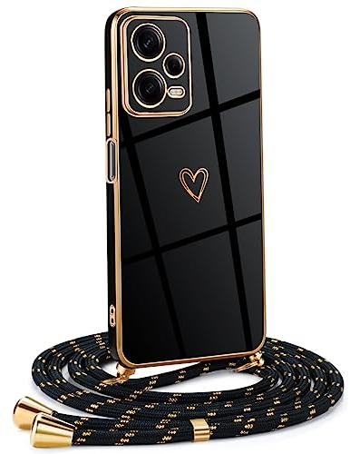Frauen Mädchen Handykette Kompatibel mit Xiaomi Redmi Note 12 5G - Silikon Hülle mit Band - Handyhülle für Xiaomi Redmi Note 12 5G Herz Love Design Galvanik - Hülle mit Kordel in schwarzes Gold