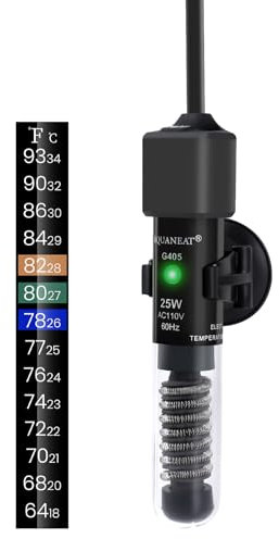 AQUANEAT Aquarium Heater, 25W Small Betta Fish Tank Heater, Mini Preset Water Thermostat with a Thermometer