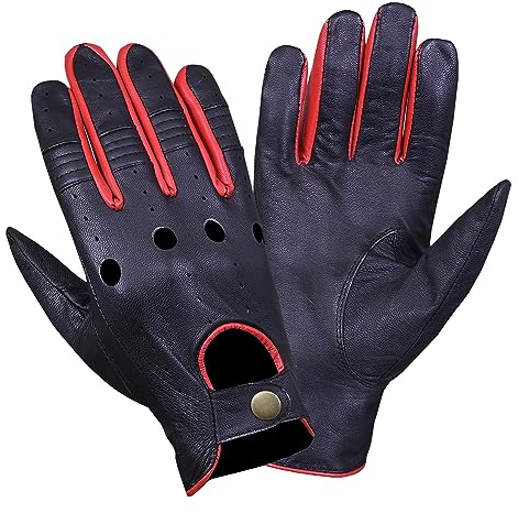 NORMAN Herren Leder Vintage Retro Stil Chauffeur Fahrhandschuhe Schafe Leder Handschuhe, SCHWARZ ROTE LÖ, L