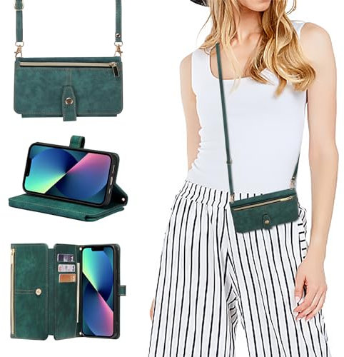 ZCDAYE Case for iPhone 15 Pro Max, iPhone 15 Pro Max Wallet Phone Case, Premium Zipper (with Long Lanyard) Flip Leather Phone Case for iPhone 15 Pro Max,Green