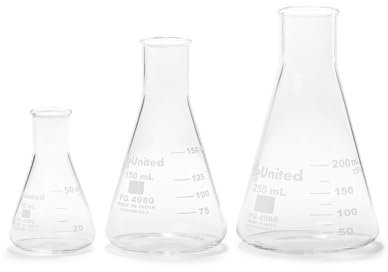 Glass Narrow Mouth Erlenmeyer Flask Set (FGSET3) - 3 Sizes - 50, 150 and 250ml, United Scientific