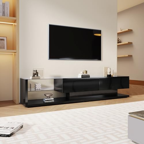 Merax Lowboard TV Board mit LED-Beleuchtung, Modernes Hochglanz weiße TV-Schrank mit Glasständer und Zwei Schubladen, Fernsehtisch niedrige Paneele, für Wohnzimmer, Esszimmer, Schwarz, 170x36x38cm
