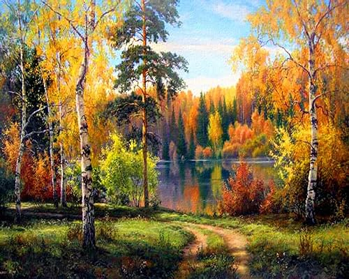Meecaa Malen nach Zahlen, Landschaft, Wald, Weg, Ahornblätter, See, Herbst, Set für Erwachsene, Anfänger, DIY-Ölgemälde, 40,6 x 50,8 cm (Landschaft, ohne Rahmen)
