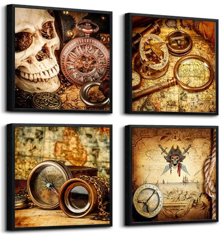 hyidecorart Wandkunst, gerahmt, für Wohnzimmer, Büro, Wanddekoration, Bilder, Piratenschiff, Kompass, Wiederherstellung alter Wege, Wandmalerei, Drucke, Kunstwerk, Schlafzimmer, Dekor, Schlafsaal,