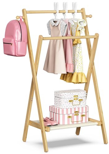 BAMBOOHOMIE Kinderkleiderständer, Kostümständer für Kinder, mit Regal und Doppelstangen, zusammenklappbarer Kleiderständer für Kinderkleidung, Haustiere, Babyzimmer
