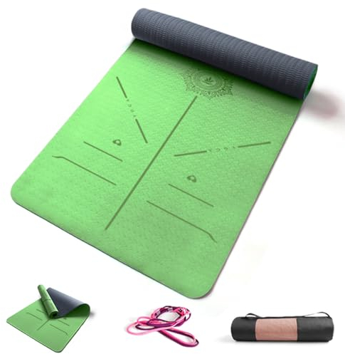 FP-TECH TAPPETINO DA YOGA IMBOTTITO ANTISCIVOLO FITNESS PILATES GINNASTICA IN TPE MAT CON SACCA 183 X 68 X 0.8 CM (Verde-Grigio)