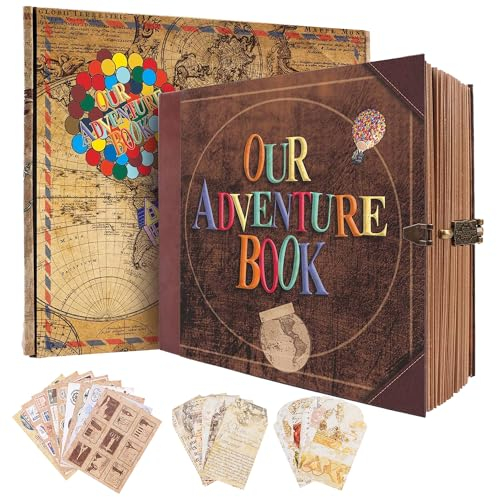 Our Adventure Book Scrapbook 146 Pages,With Vintage Locks Photo Album Scrapbook,3D Embossed Cover Design,Travel Scrapbook With Gift Box For Anniversary Wedding Holiday Valentines Day Birthday
