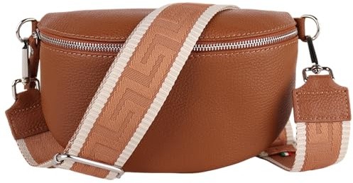 MIRROSI® Bauchtasche Damen, Echtleder, Made in Italy, Umhängetasche, Brusttasche, Crossbody Bag (1 Tasche & 2 Gurte) (Braun (Uni Braun Beige), Mittelgroße Tasche (25x16x7cm))
